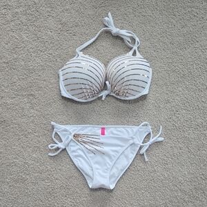 Victoria's Secret Bombshell White and Gold  Sequin Add 2 Cups Bikini Medium 34DD